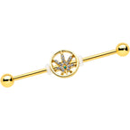 14G Clear Gem Gold Tone Pot Leaf Circle Industrial Barbell 38mm