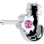 20G 1/4 Pink Gem Black Cat White Flowers Nose Bone