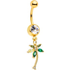 Clear Green Gem Gold Tone Palm Tree Tropical Dangle Belly Ring