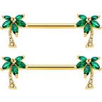 14G 9/16 Clear Green Gem Gold Tone Palm Tree Nipple Ring Set