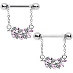 14G 9/16 Clear Pink Gem Leafy Branch Dangle Nipple Ring Set