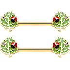 14G 9/16 Clear Gem Gold Hue Leafy Ladybug Barbell Nipple Ring Set