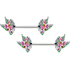 14G 1/2 Pink Gem Openwork Butterfly Barbell Nipple Ring Set