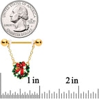 14G 5/8 Gold Tone Festive Wreath Christmas Dangle Nipple Ring Set