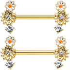 14G 1/2 Clear Gem Gold Tone Sunny Day Daisy Nipple Ring Set