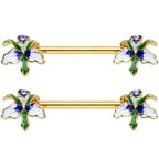 14G 9/16 Clear Gem Gold Tone Iris Flower Barbell Nipple Ring Set