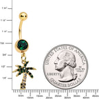 Green Gem Gold Tone Gator Palm Tree Dangle Belly Ring Set of 2