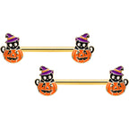 14G 9/16 Gold Hue Black Witch Cat Pumpkin Barbell Nipple Ring Set