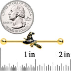 14G Clear Gem Gold Tone Witch Hat Broom Industrial Barbell 38mm