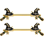 14G 9/16 Clear Gem Gold Tone Witch Hat Broom Nipple Ring Set
