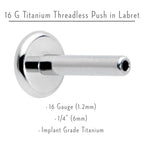 16G 1/4 G23 Titanium Threadless Post Only Labret Tragus