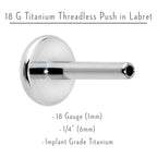 18G 1/4 G23 Titanium Threadless Post Only Labret Tragus