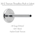 20G 5/16 G23 Titanium Threadless Post Only Labret Tragus Nose