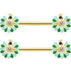 14G 5/8 Clear Gem Gold Hue Pretty Peacock Barbell Nipple Ring Set
