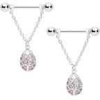 14G 9/16 Pink Rose Quartz Drop Tree Chain Dangle Nipple Ring Set