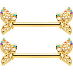 14G 9/16 Clear CZ Gem Gold Tone Heart Butterfly Nipple Ring Set