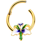 16G 3/8 Clear Gem Gold Tone Iris Flower Hinged Segment Ring