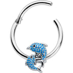 16G 3/8 Black Gem Blue Leaping Dolphins Hinged Segment Ring