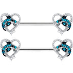 14G 9/16 Clear Blue Gem Dolphin Heart Barbell Nipple Ring Set