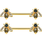 14G 9/16 Clear Black Gem Gold Tone Angular Bee Nipple Ring Set