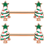 14G 9/16 Red Gem Rose Gold Tone Christmas Tree Nipple Ring Set
