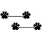 14G 9/16 Textured Black Paw Print Barbell Nipple Ring Set