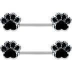 14G 9/16 Textured Black Paw Print Barbell Nipple Ring Set