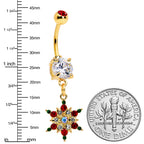 Aurora Red Green Gem Gold Tone Christmas Star Holiday Dangle Belly Ring