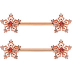 14G 9/16 Red Gem Rosy Hue Texture Snowflake Barbell Nipple Ring Set