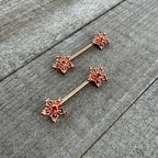 14G 9/16 Red Gem Rosy Hue Texture Snowflake Barbell Nipple Ring Set