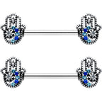 14G 9/16 Clear Blue Gem Textured Hamsa Hand Nipple Ring Set