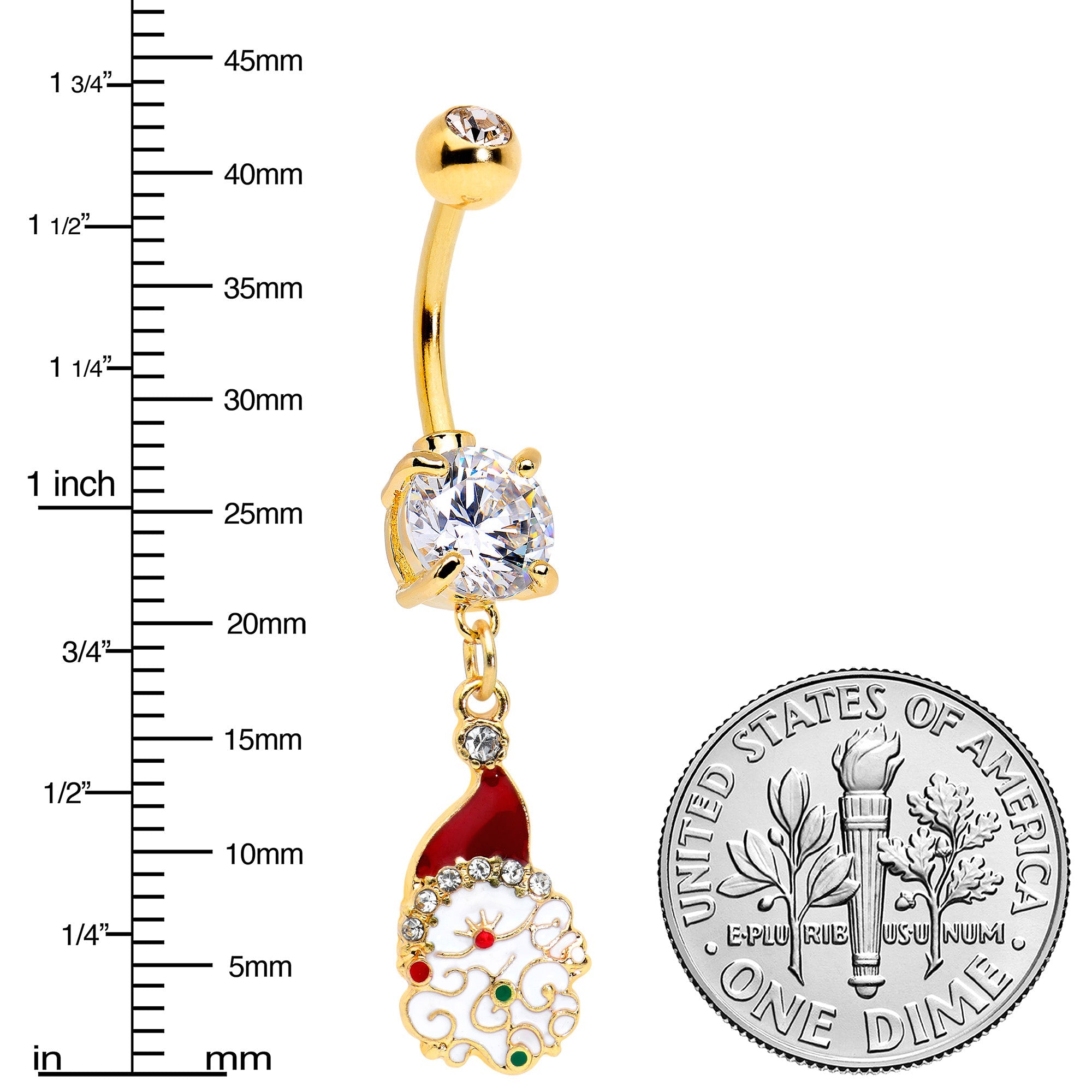 Clear Gem Gold Tone Decorated Santa Christmas Holiday Dangle Belly Ring