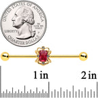 14G Red Gem Gold Tone Regal Escutcheon Industrial Barbell 38mm