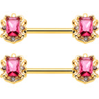 14G 9/16 Red Gem Gold Hue Regal Escutcheon Barbell Nipple Ring Set