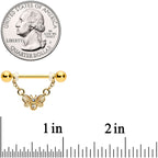 14G 5/8 Clear Gem Gold Tone Chain Dangle Barbell Nipple Ring Set