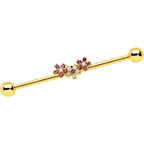 14G White Faux Opal Gold Hue Bunch Flower Industrial Barbell 38mm