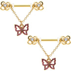14G 5/8 Pink Gem Gold Hue Simple Butterfly Dangle Nipple Ring Set