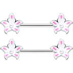 14G 9/16 Pearlescent Orb Pink White Flower Barbell Nipple Ring Set