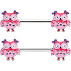 14G 9/16 Bow Pink Heart Owls Barbell Nipple Ring Set