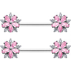 14G 9/16 Pink CZ Gem Floral Burst Barbell Nipple Ring Set