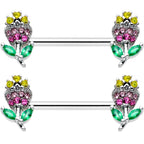 14G 9/16 Green Pink Gem Mardi Gras Flower Barbell Nipple Ring Set