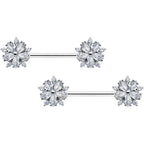 14G 9/16 Clear CZ Gem Floral Burst Barbell Nipple Ring Set