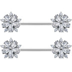 14G 9/16 Clear CZ Gem Floral Burst Barbell Nipple Ring Set