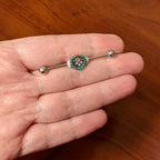 14G Pink Green Gem Stylized Leaf Industrial Barbell 38mm