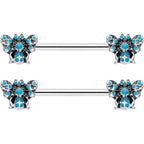 14G 9/16 Textured Blue Butterfly Barbell Nipple Ring Set