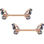 14G 9/16 Clear Blue Gem Rosy Tone Butterfly Wing Nipple Ring Set