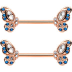 14G 9/16 Clear Blue Gem Rosy Tone Butterfly Wing Nipple Ring Set