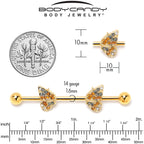 14G Orange Gem Gold Tone Butterfly Wings Industrial Barbell 38mm