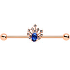 14G Blue Gem Rose Gold Tone Glamour Flare Industrial Barbell 38mm