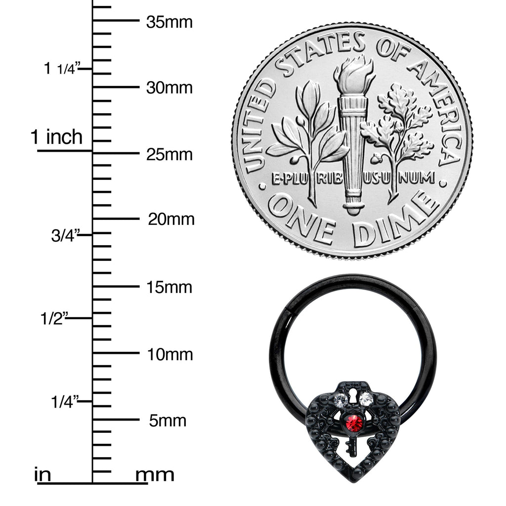 16G 3/8 Red Clear Gem Black Key Heart Hinged Segment Ring